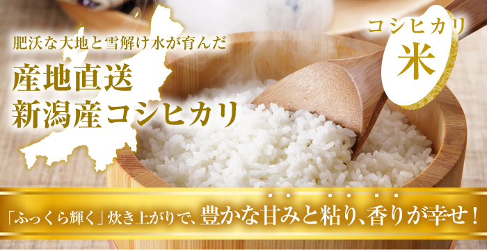 産地直送、新潟産コシヒカリ。肥沃な大地と雪解け水が育んだお米。