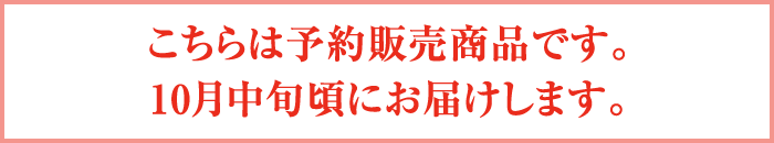 こちらは予約販売商品です。10月中旬頃にお届けします。